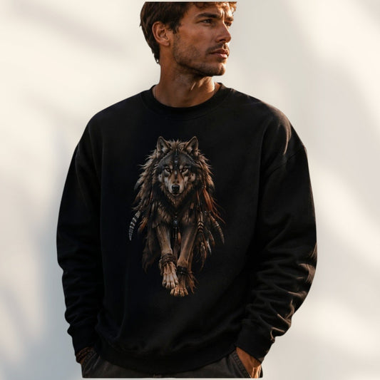 Man draagt een zwarte JJ Luxury House crewneck sweatshirt met een gedetailleerde wolf-graphic in aardetinten.