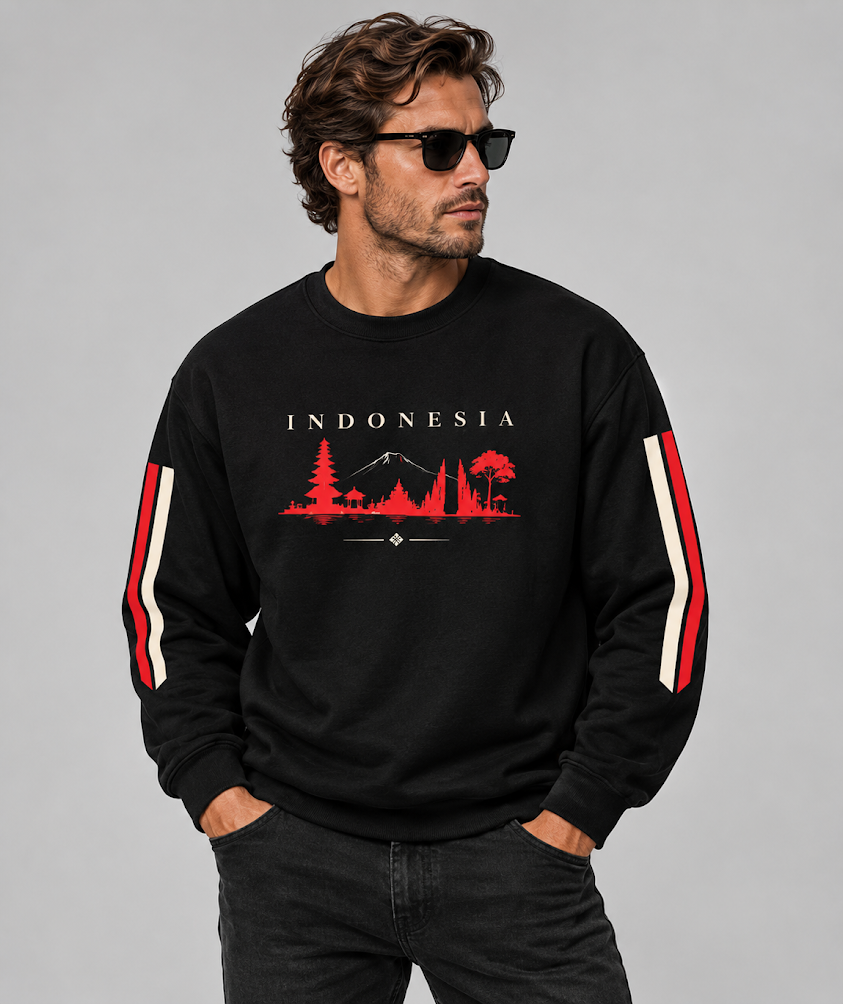 Indonesia Sweater – Zwart met Grafische Print & Mouwdetails