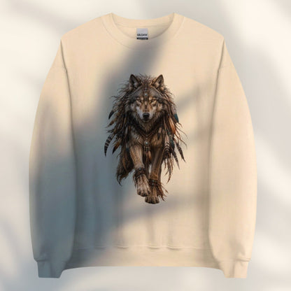 JJ Luxury House beige crewneck sweatshirt met gedetailleerde wolf graphic met veren en kralen in aardetinten.