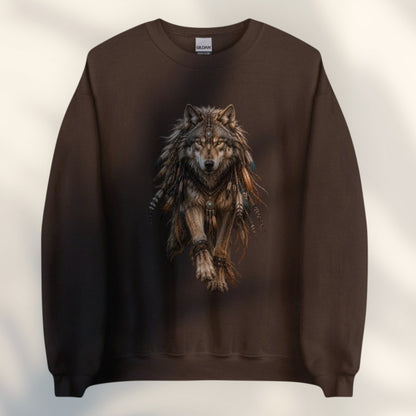 JJ Luxury House unisex bruine sweater met gedetailleerde wolf-print en veren-details in een relaxte pasvorm.
