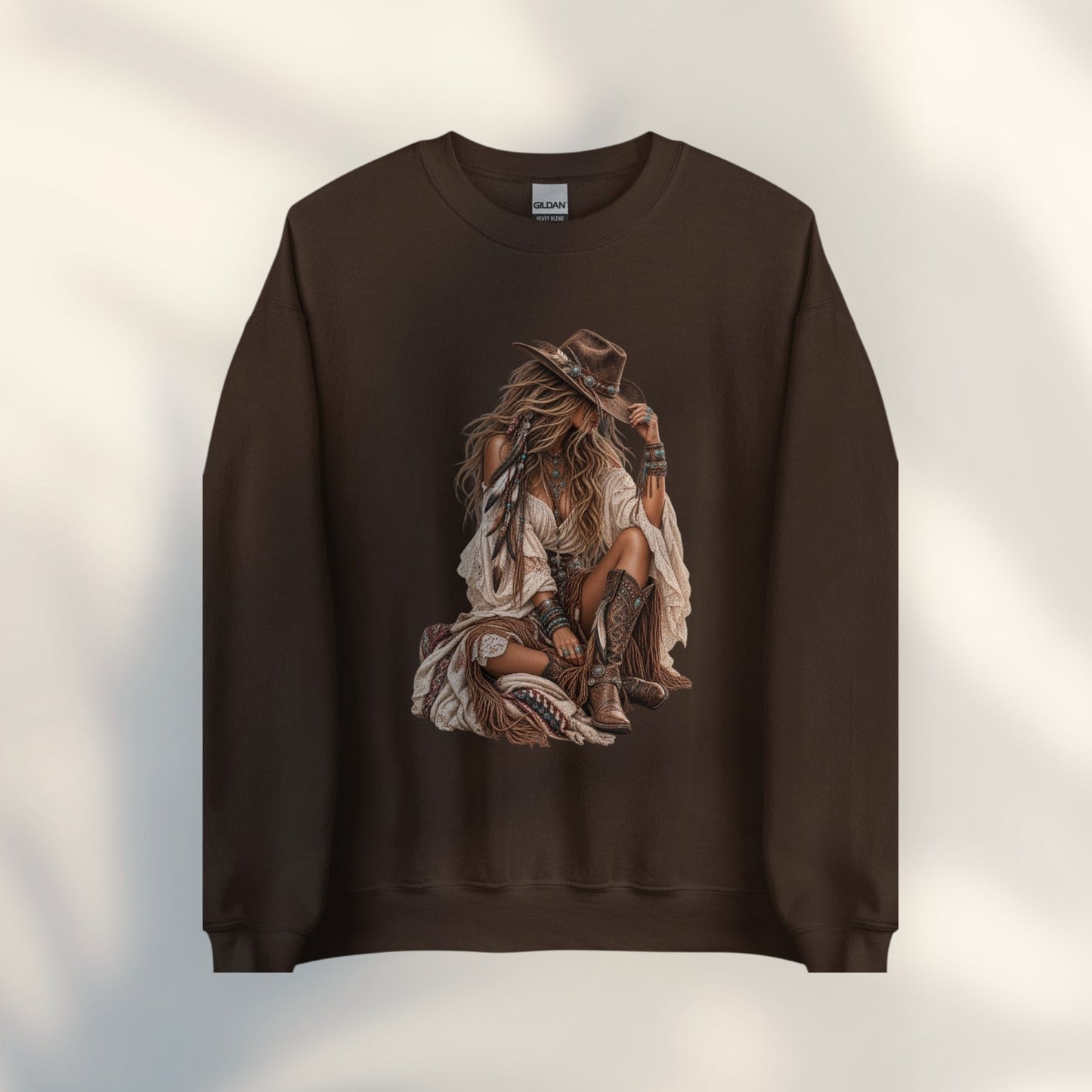 JJ Luxury House donkerbruine unisex sweater met bohemian cowgirl illustratie en vintage western stijl