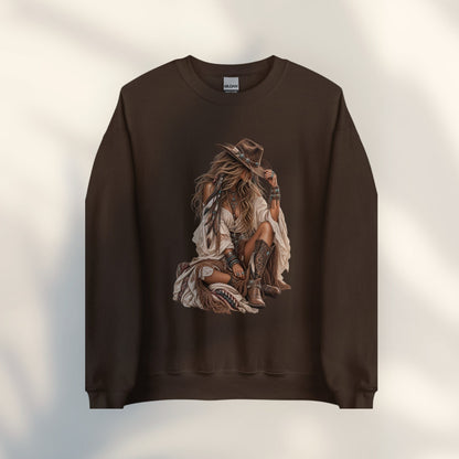 JJ Luxury House donkerbruine unisex sweater met bohemian cowgirl illustratie en vintage western stijl