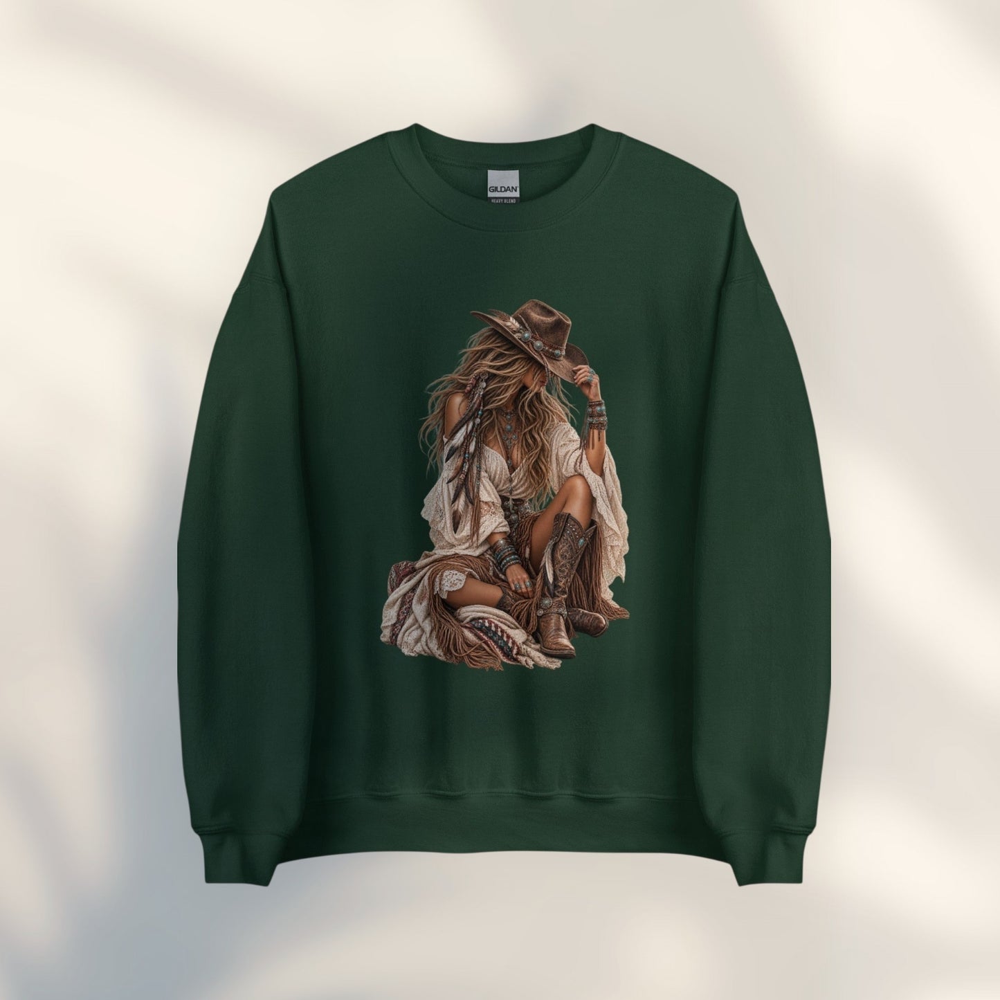 JJ Luxury House donkergroene unisex sweater met vintage boho cowgirl illustratie en western details.
