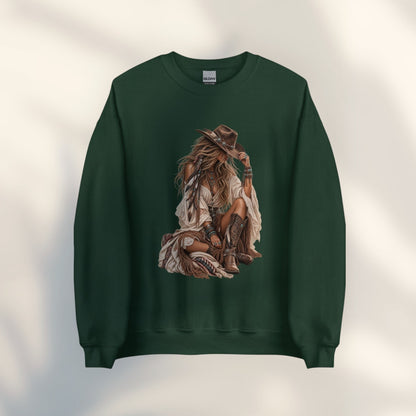 JJ Luxury House donkergroene unisex sweater met vintage boho cowgirl illustratie en western details.