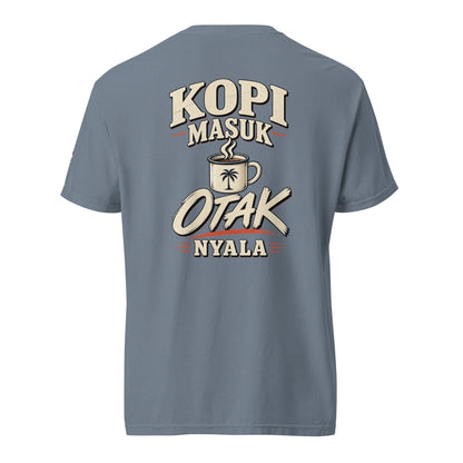 JJ Luxury House grijs heavyweight katoenen T-shirt met Kopi Masuk Otak Nyala koffieprint op de rug