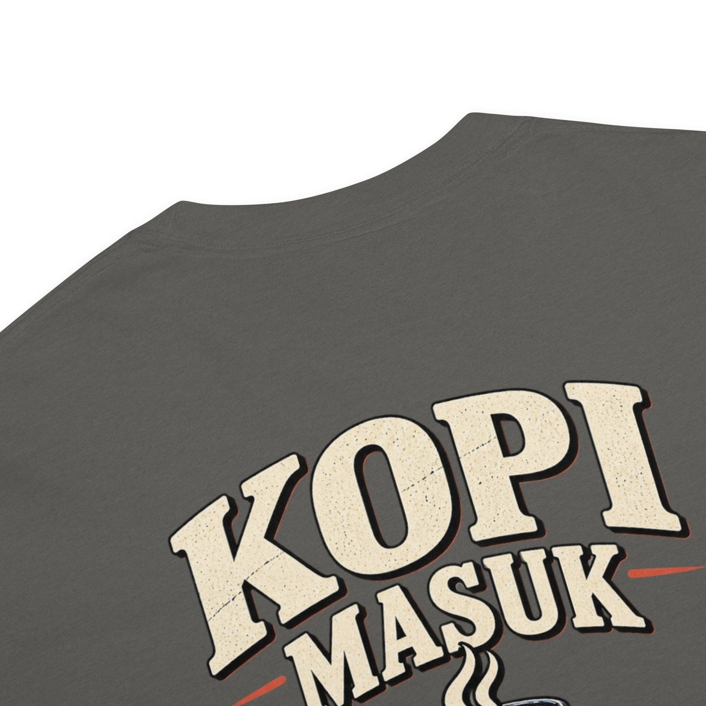 JJ Luxury House grijs heavyweight katoenen T-shirt met Kopi Masuk Otak Nyala print op de achterkant