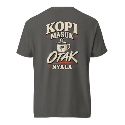JJ Luxury House grijs heavyweight katoenen T-shirt met Kopi Masuk Otak Nyala koffieprint op de rug