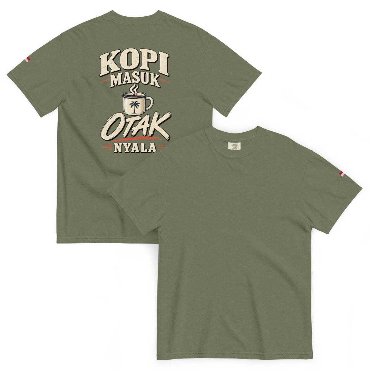 JJ Luxury House olijfgroen katoenen T-shirt met Kopi Masuk Otak Nyala print op de achterkant en Indonesische vlag