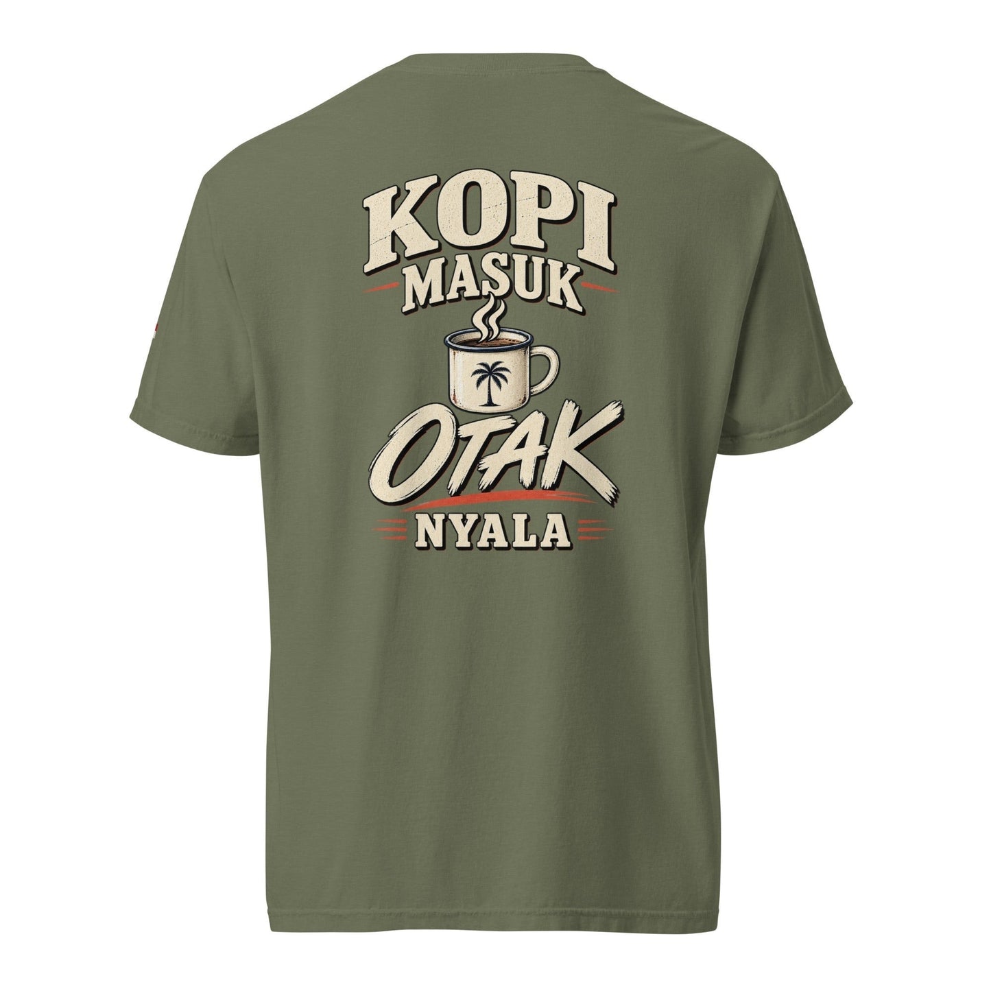 JJ Luxury House olijfgroen heavyweight katoenen T-shirt met Kopi Masuk Otak Nyala print op de rug