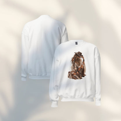 JJ Luxury House witte unisex sweater met Bohemian Muse cowgirl illustratie en vintage western stijl