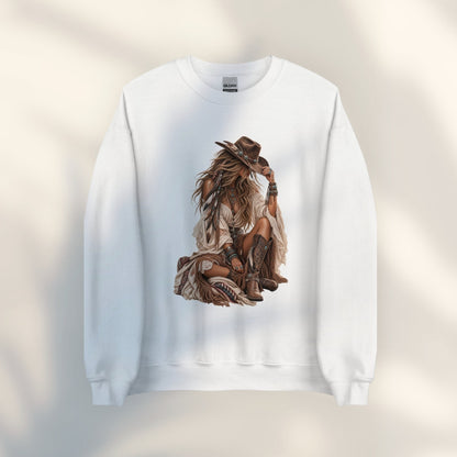 JJ Luxury House witte unisex sweater met Bohemian Muse cowgirl illustratie in aardetinten en vintage westernstijl.