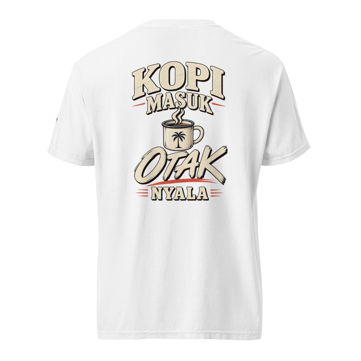 Witte JJ Luxury House Heritage Indonesia Kopi Masuk Otak Nyala T-shirt van zwaar katoen met grafische achterprint.