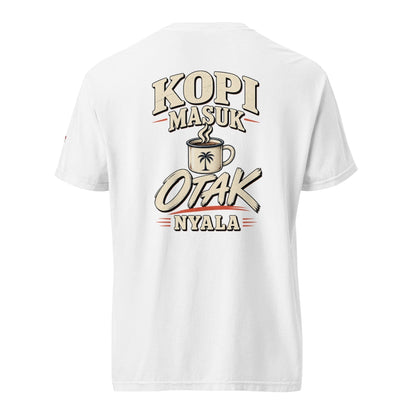 Witte JJ Luxury House Heritage Indonesia Kopi Masuk Otak Nyala T-shirt van zwaar katoen met grafische achterprint.
