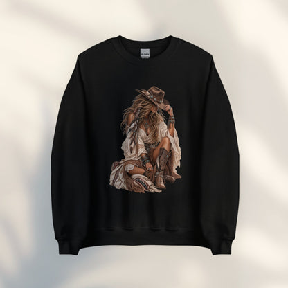 JJ Luxury House zwarte unisex sweater met vintage boho cowgirl illustratie in aardetinten voor een western look.