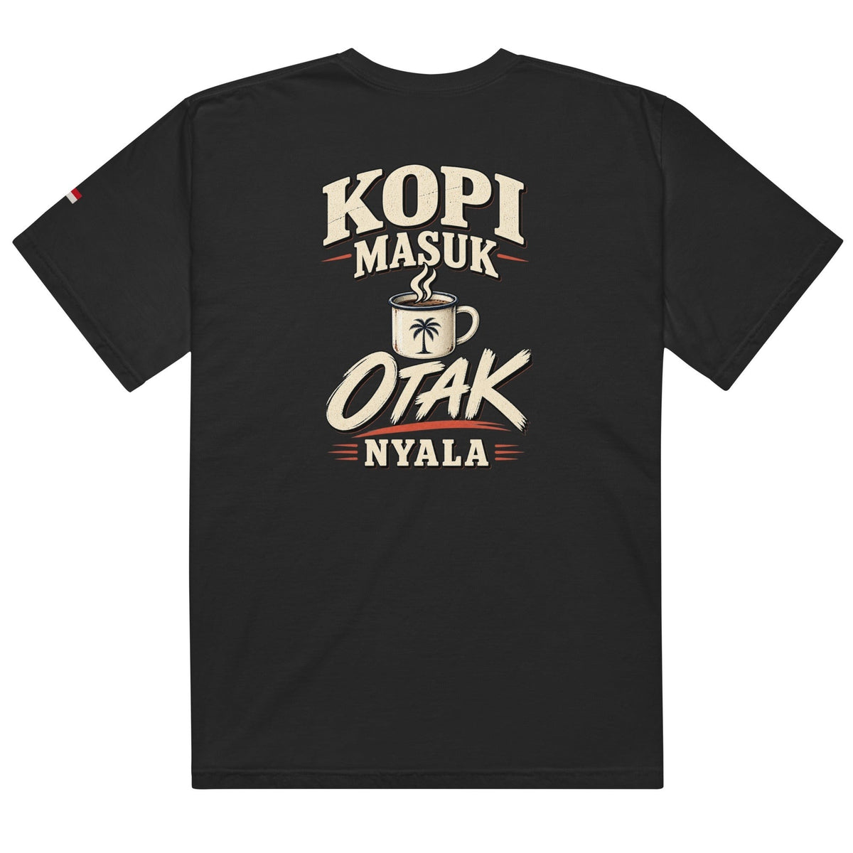 Zwarte JJ Luxury House t-shirt van zwaar katoen met Kopi Masuk Otak Nyala print op de achterkant