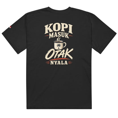 Zwarte JJ Luxury House t-shirt van zwaar katoen met Kopi Masuk Otak Nyala print op de achterkant