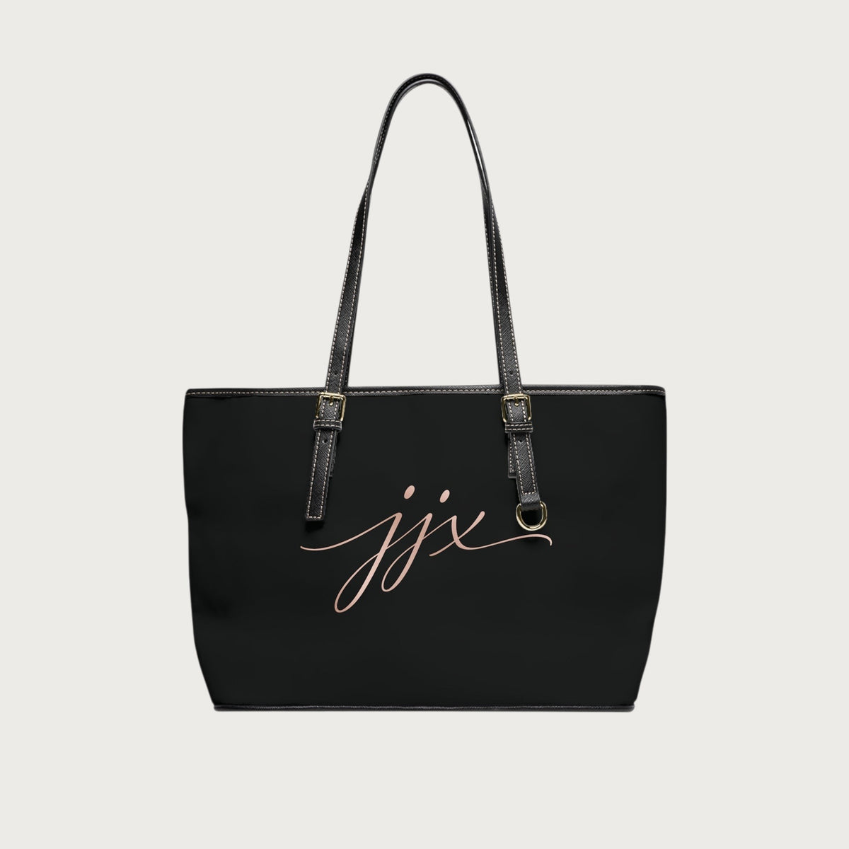 JJ Luxury House zwarte PU lederen schoudertas met goudkleurige gespen en elegant JJX logo op de voorzijde.