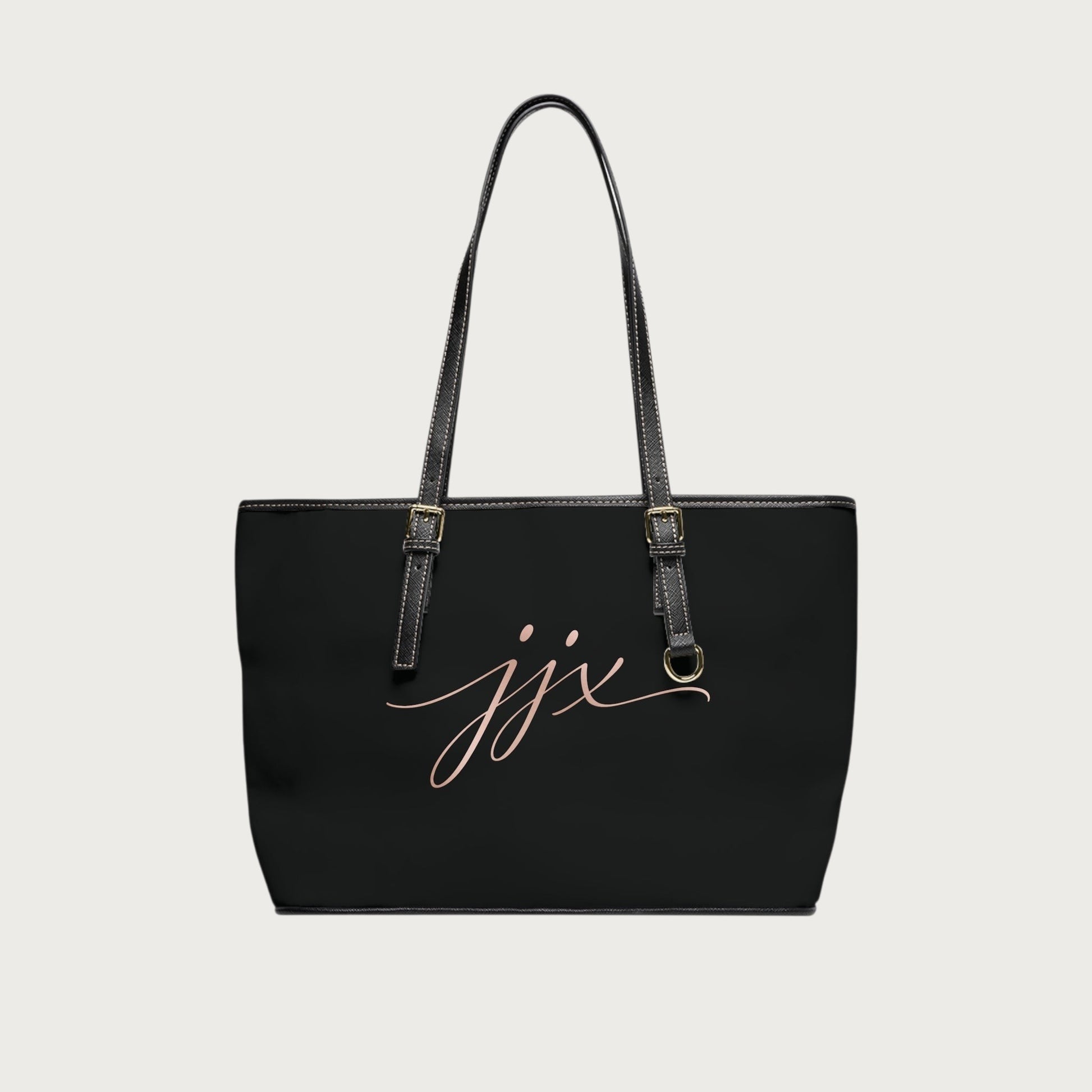 JJ Luxury House zwarte PU lederen schoudertas met goudkleurige gespen en elegant JJX logo op de voorzijde.