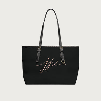 JJ Luxury House zwarte PU lederen schoudertas met goudkleurige gespen en elegant JJX logo op de voorzijde.