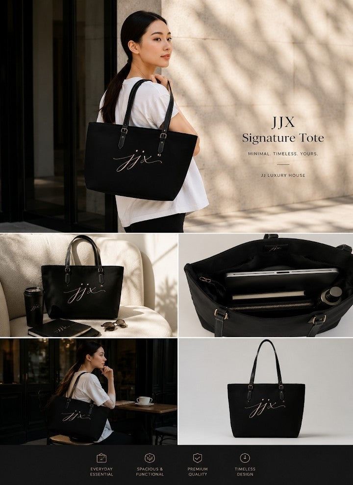 JJ Luxury House zwarte PU lederen schoudertas met goudkleurig logo en verstelbare hengsels voor dagelijks gebruik.