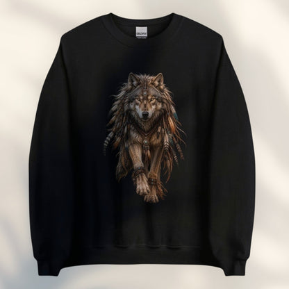 JJ Luxury House zwarte unisex sweater met gedetailleerde wolf-illustratie in aardetinten op de voorzijde.