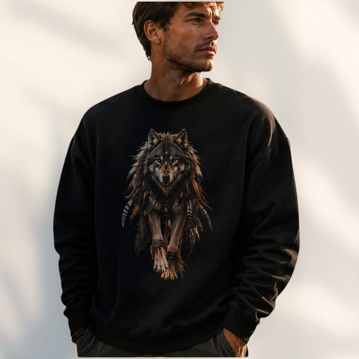 Man draagt een zwarte JJ Luxury House crewneck sweatshirt met een gedetailleerde wolf-graphic in aardetinten.